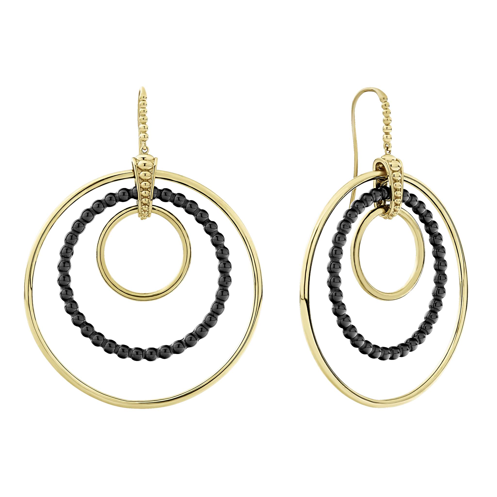 Triple circle drop earrings with smooth 18k gold and black ceramic.