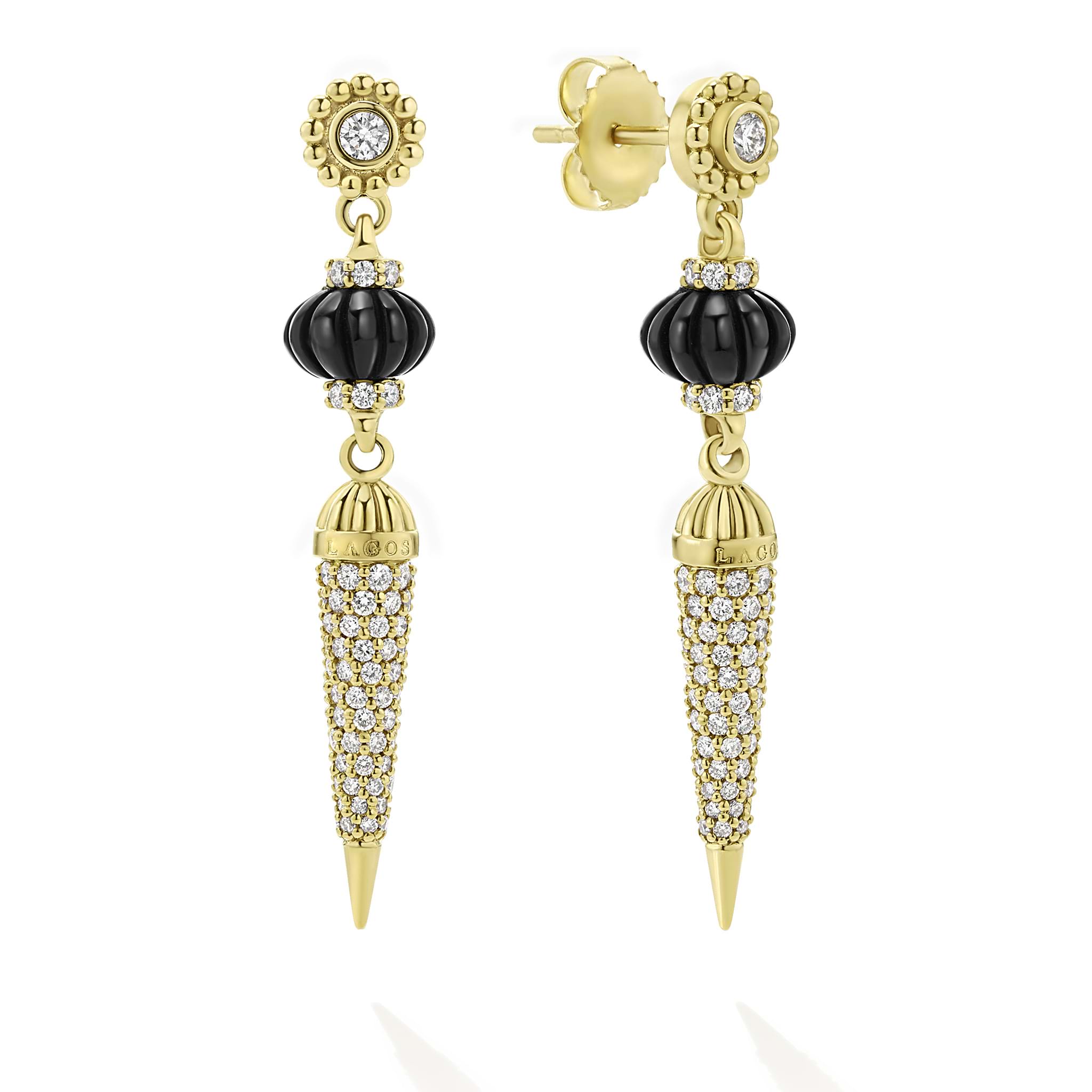 Featuring rich black agate and pave-set diamonds, the intricate design adds an elegant edge.