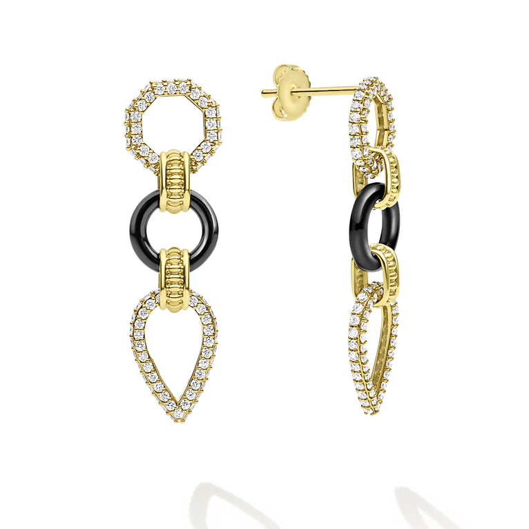 Black Caviar 18K Gold & Black Ceramic Geometric Drop Diamond Earrings