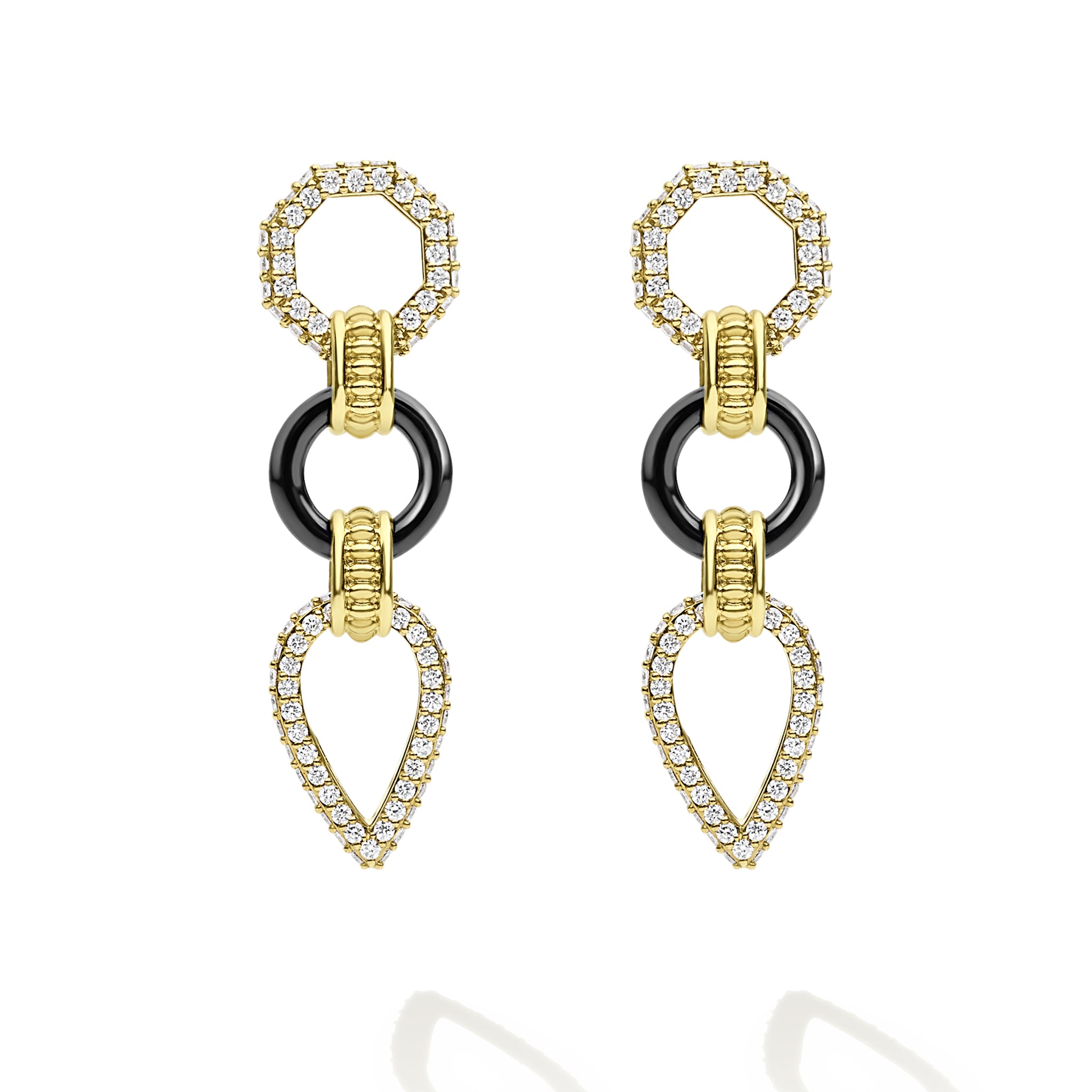 Black Caviar 18K Gold & Black Ceramic Geometric Drop Diamond Earrings