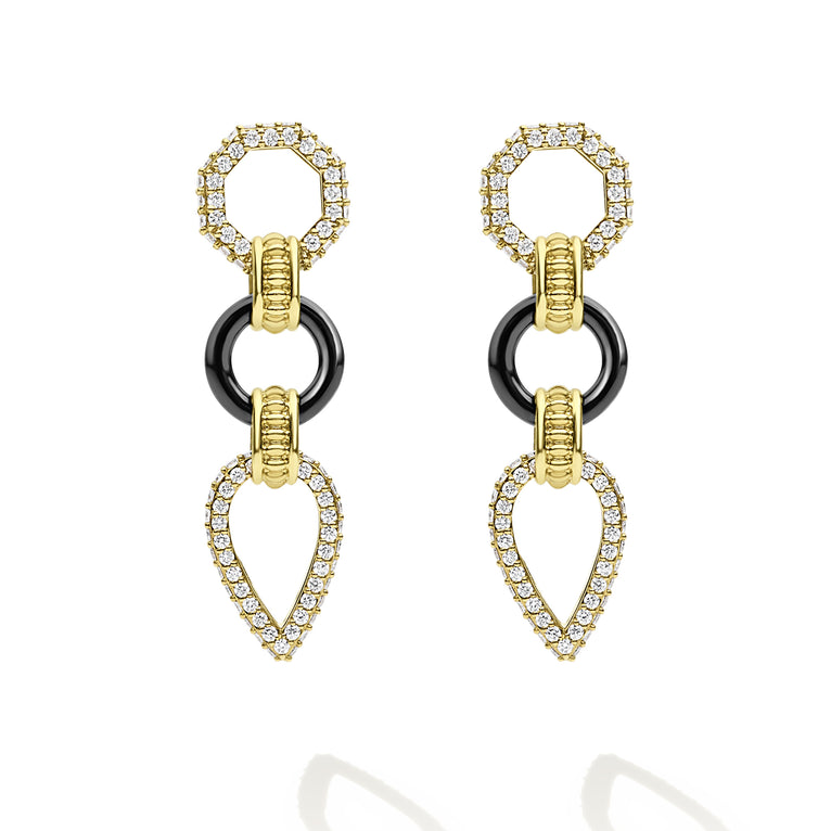 Black Caviar 18K Gold & Black Ceramic Geometric Drop Diamond Earrings