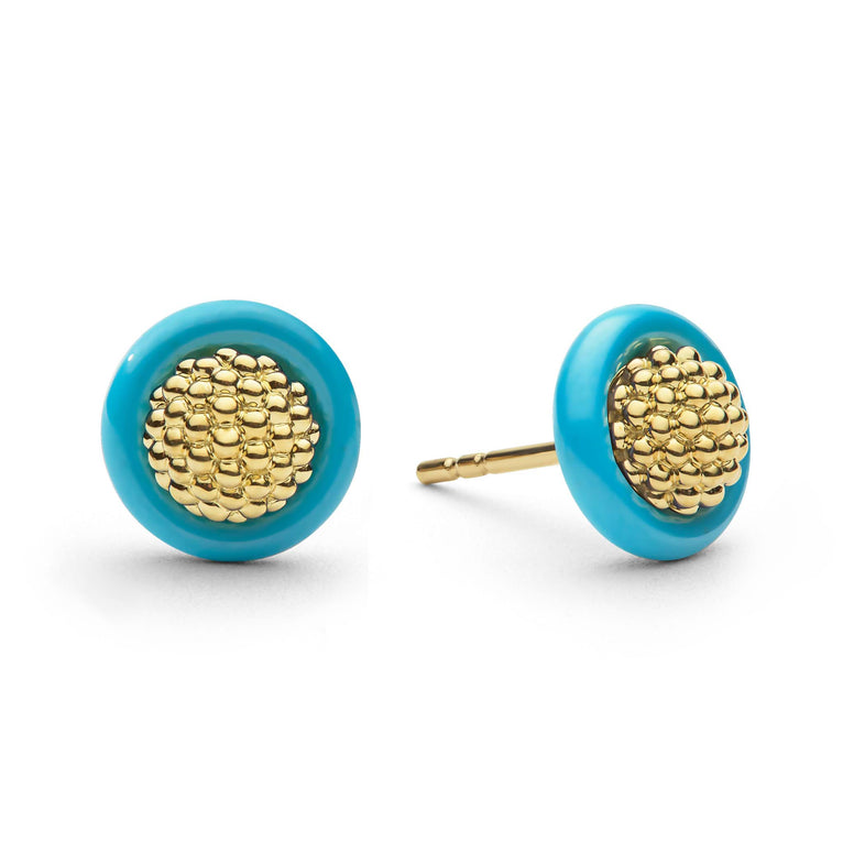 Meridian 18K Gold Caviar and Blue Ceramic Stud Earrings