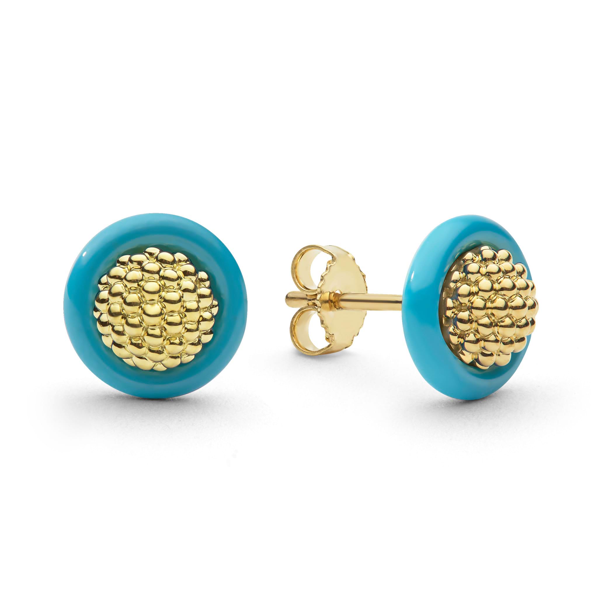 Meridian 18K Gold Caviar and Blue Ceramic Stud Earrings