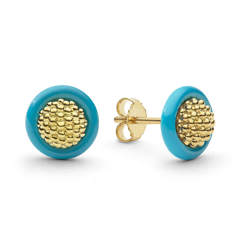 Meridian 18K Gold Caviar and Blue Ceramic Stud Earrings