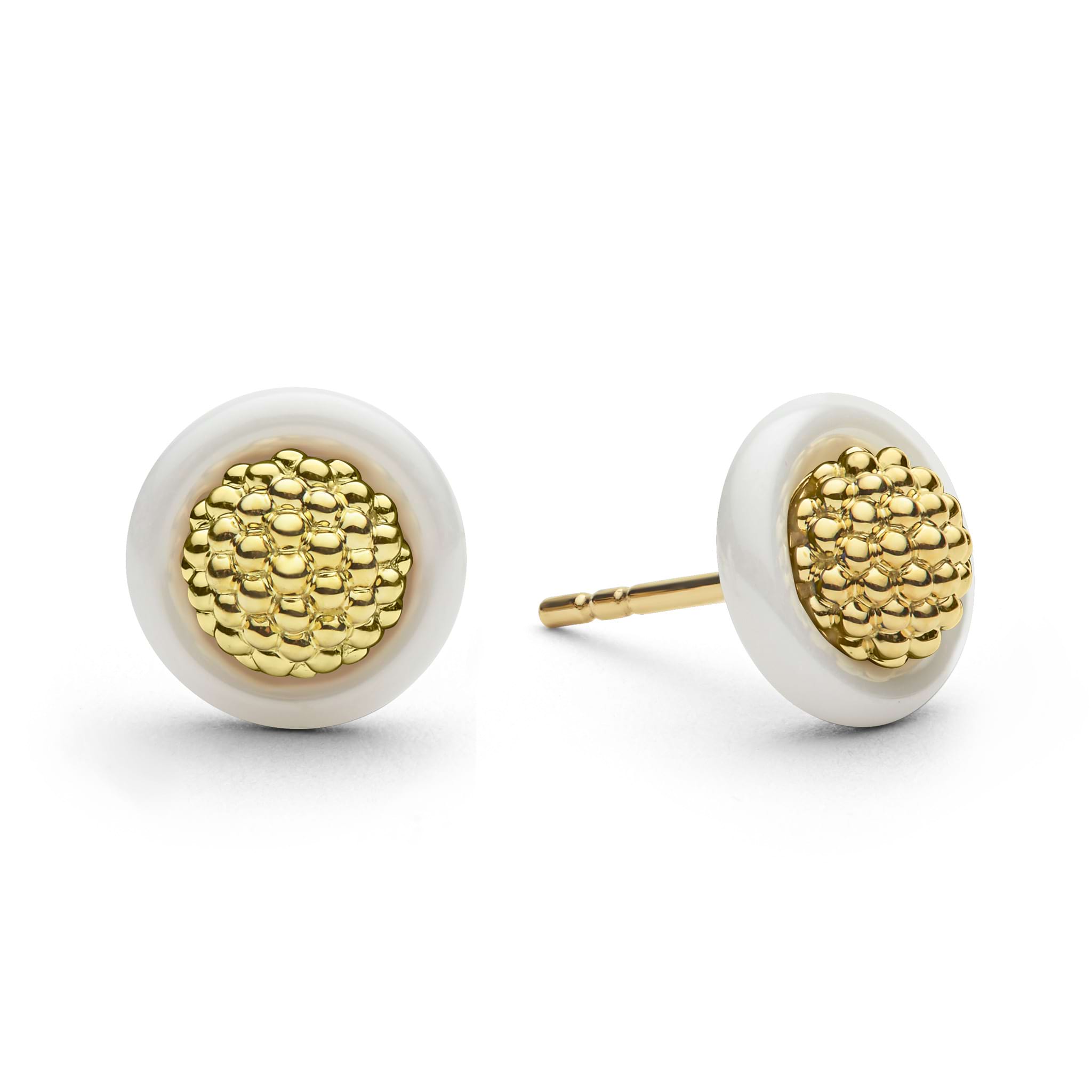 Meridian 18K Gold Caviar and White Ceramic Stud Earrings