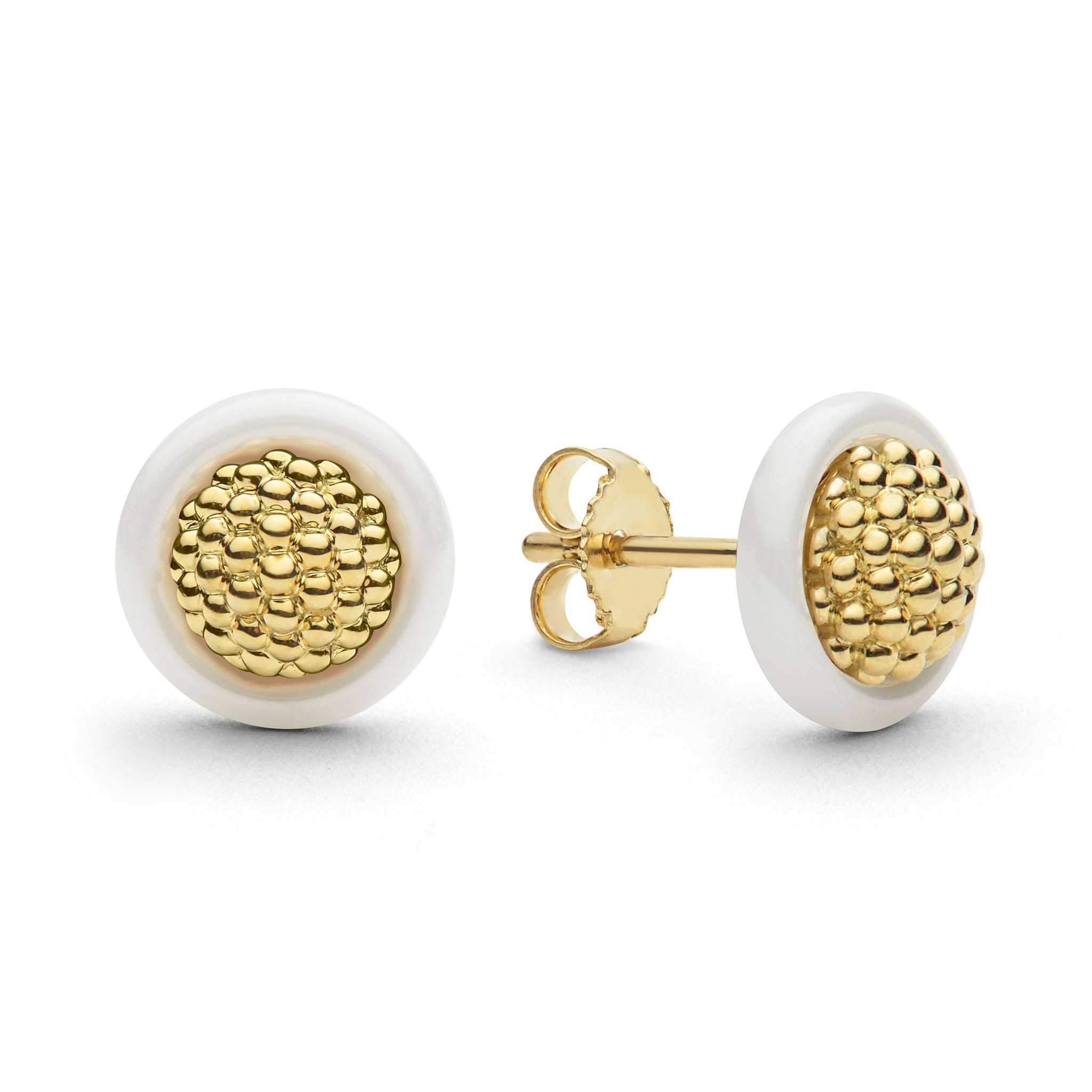 Meridian 18K Gold Caviar and White Ceramic Stud Earrings