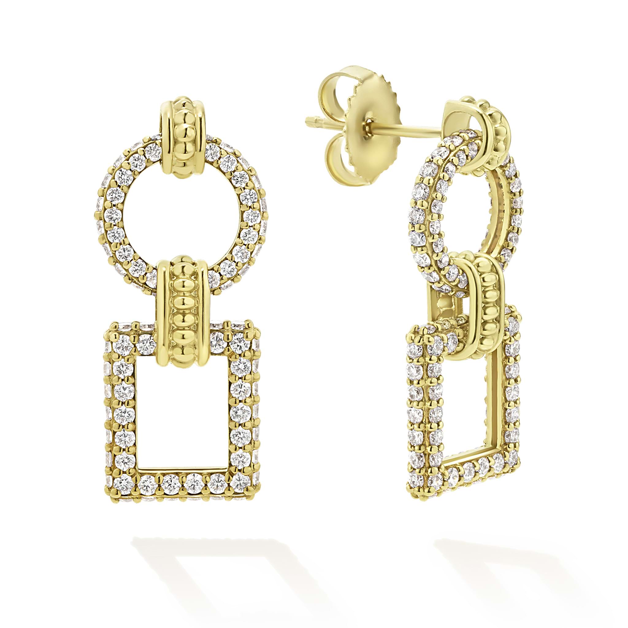 Crafted from 18K gold, each earring features a circle and square silhouette, adorned with brilliant diamonds.