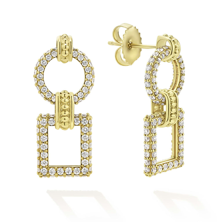 Crafted from 18K gold, each earring features a circle and square silhouette, adorned with brilliant diamonds.