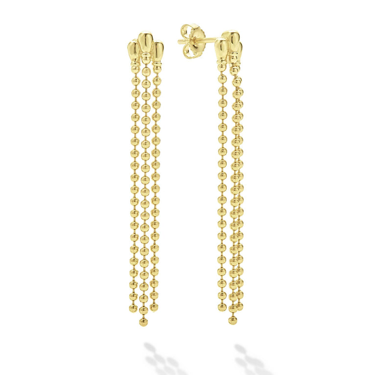 A LAGOS exclusive. Three strands of 18k gold Caviar beading form these drop earrings.