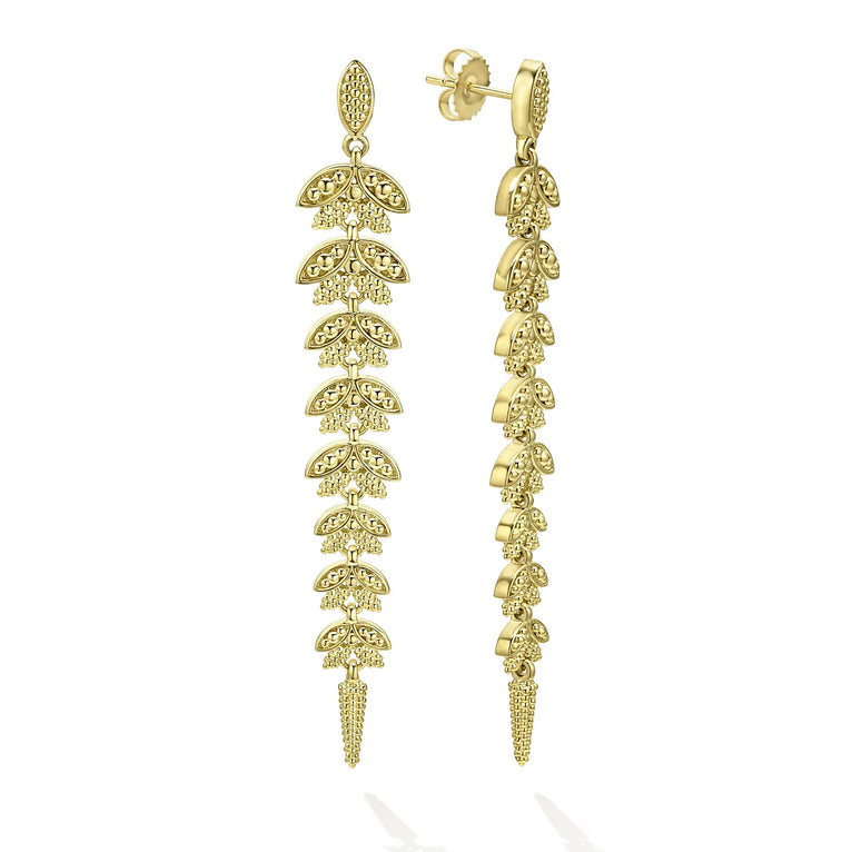 18k gold Caviar beading forms these tiered leaf drop earrings.