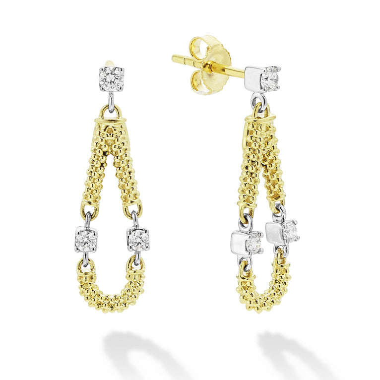 Diamonds accented with 18k gold superfine Caviar beading form these dramatic drop earrings. LAGOS diamonds are the highest quality natural stones.