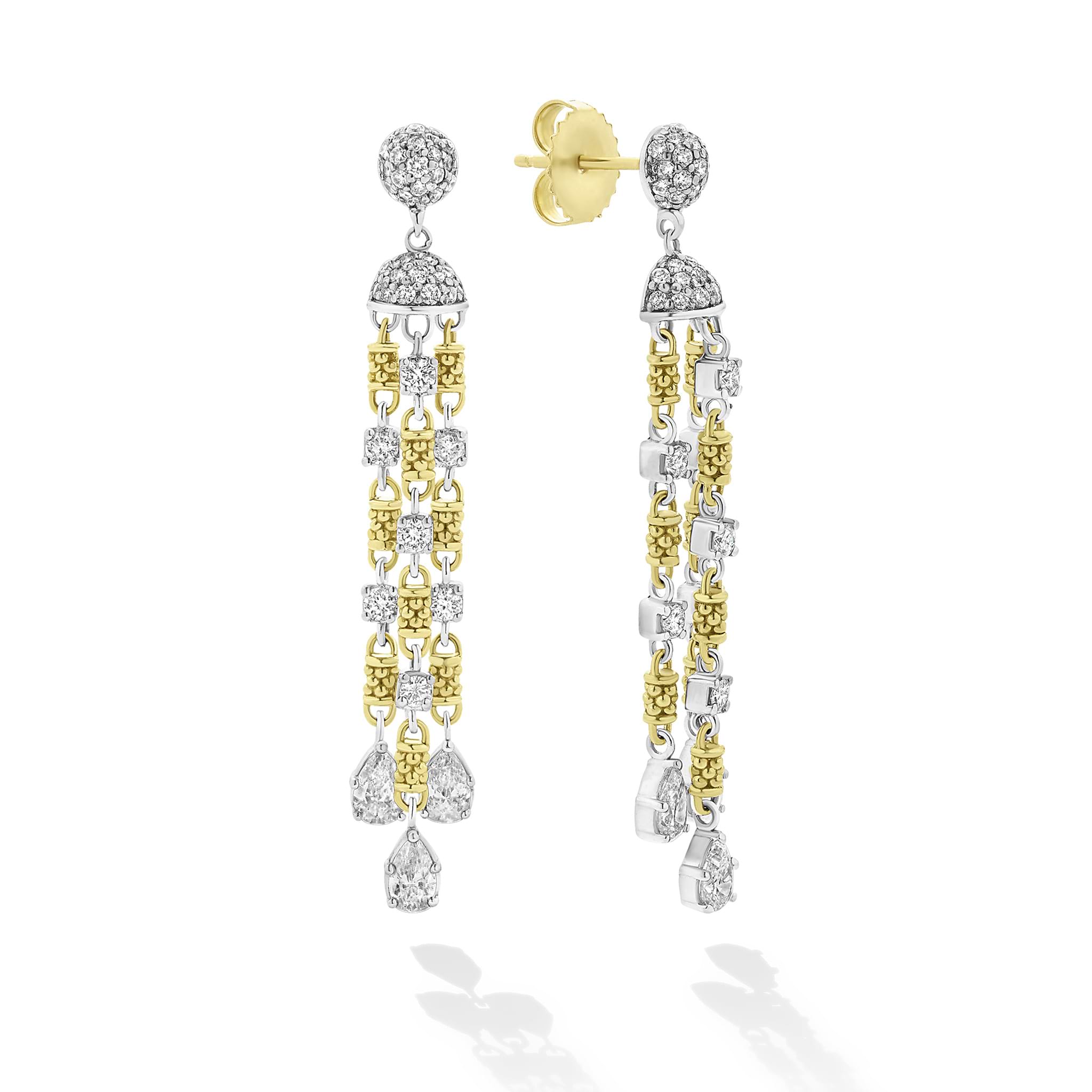 18k gold and diamond details surrounded by Caviar beading form these exquisite drop earrings. LAGOS diamonds are the highest quality natural stones.