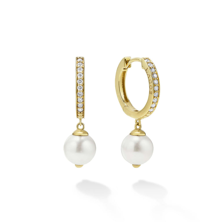 A LAGOS exclusive. 18K gold accented by diamonds with a pearl drop detailing form these hoop earrings. LAGOS diamonds are the highest quality natural stones.