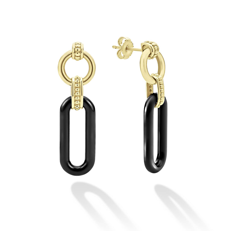 18K gold and black ceramic form these link drop earrings.
