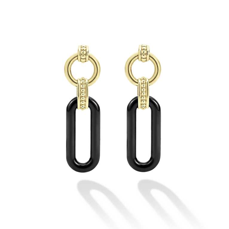 Front view of 18K Gold and Black Ceramic Link Drop Earrings