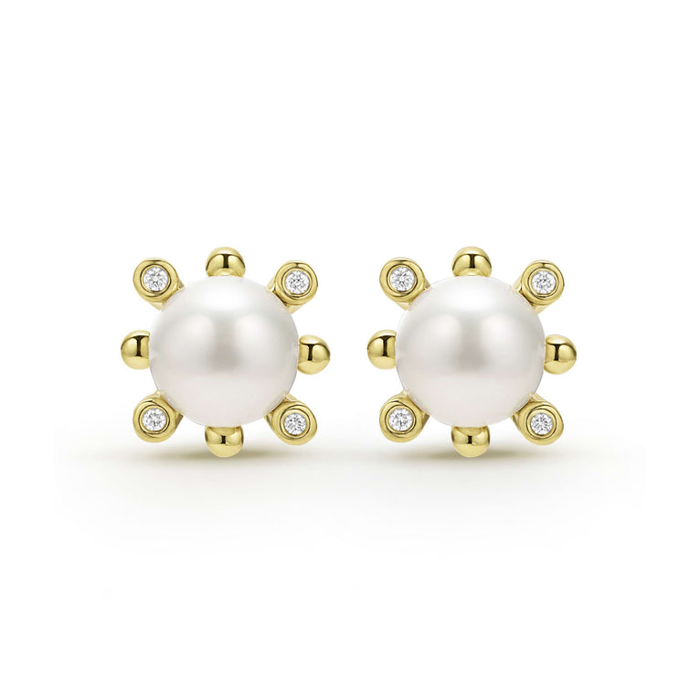 Luna 18K Gold Fleur Pearl Diamond Stud Earrings