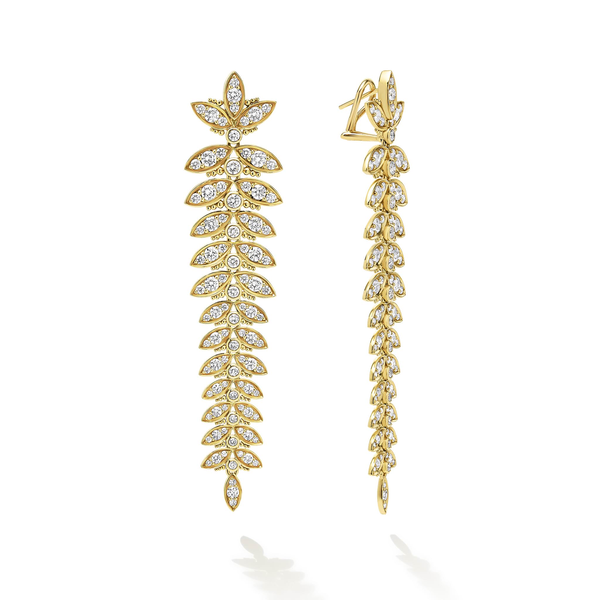 18k gold and diamonds form these tiered leaf drop statement earrings. LAGOS diamonds are the highest quality natural stones.