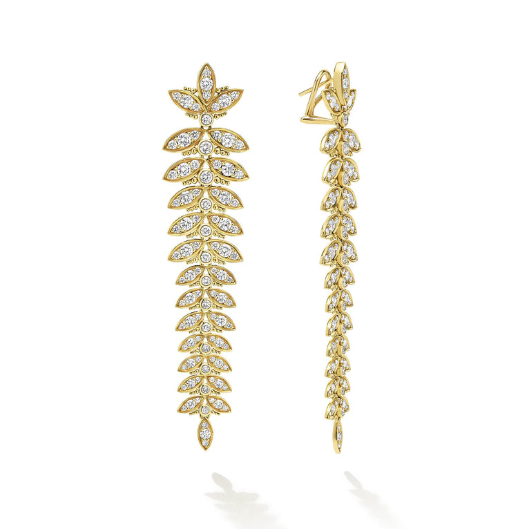 18k gold and diamonds form these tiered leaf drop statement earrings. LAGOS diamonds are the highest quality natural stones.