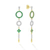 Diamonds and emeralds set with 18K gold form these circle motif one-of-a-kind drop earrings. LAGOS diamonds are the highest quality natural stones.
