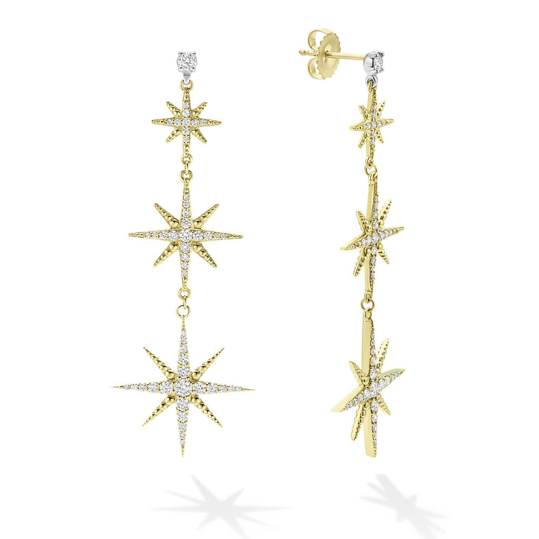 18K gold and diamonds form these triple star motif drop earrings. LAGOS diamonds are the highest quality natural stones.
