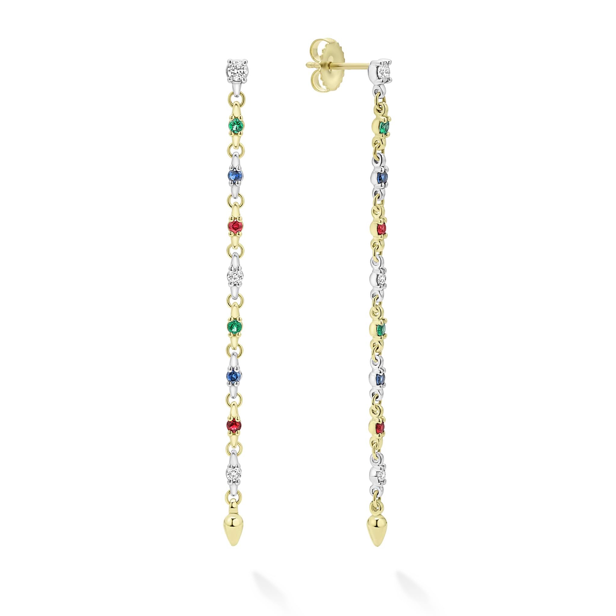18K gold, diamonds, emeralds, sapphires, and rubys form these sleek drop earrings. LAGOS diamonds are the highest quality natural stones.