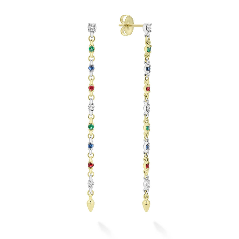 18K gold, diamonds, emeralds, sapphires, and rubys form these sleek drop earrings. LAGOS diamonds are the highest quality natural stones.
