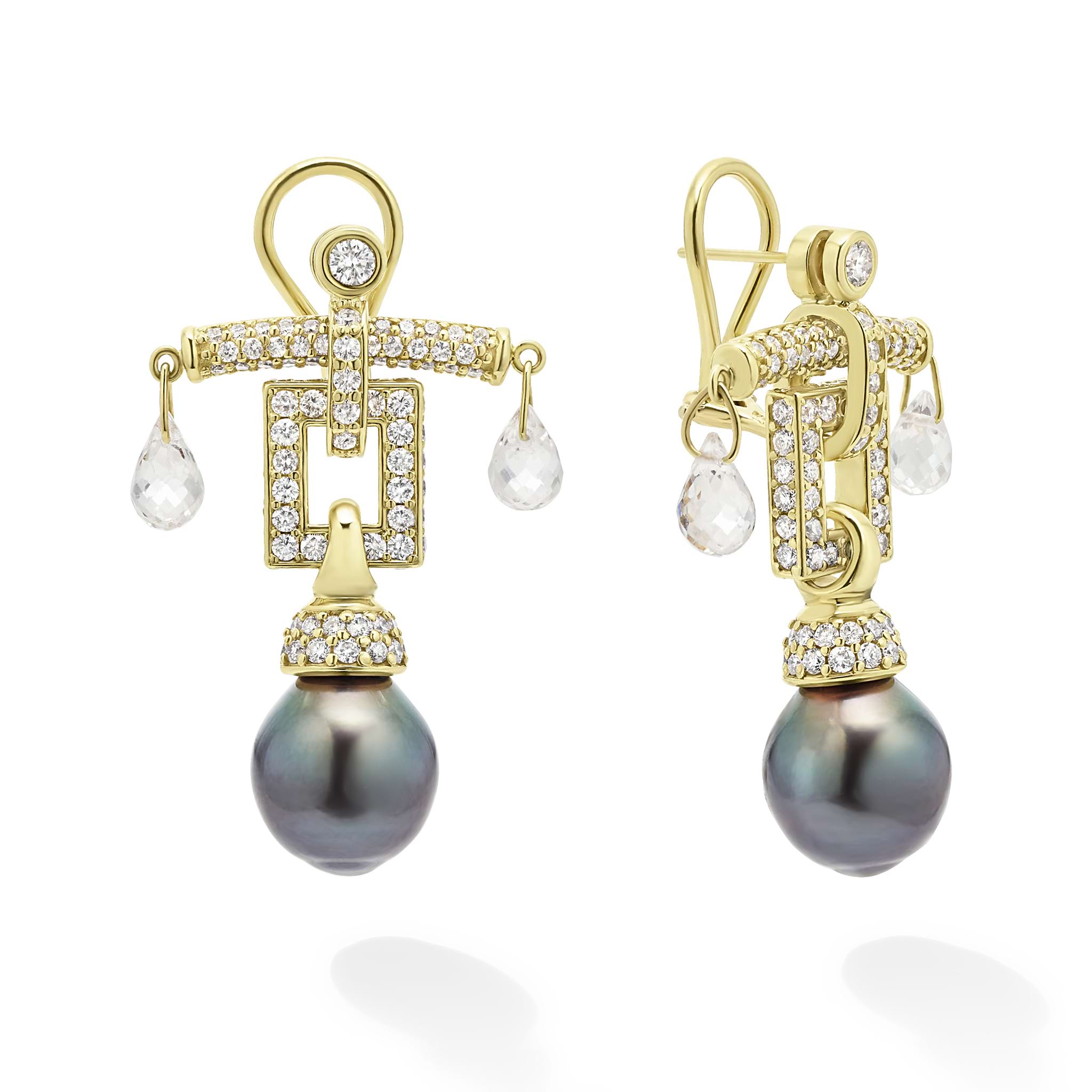 Studio 18K Diamond Quartz and Black Tahitian Pearl Drop Earrings