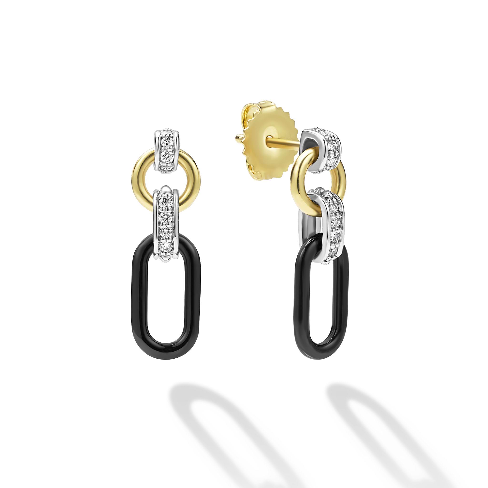 18K gold, diamonds and black ceramic form these link drop earrings. LAGOS diamonds are the highest quality natural stones.