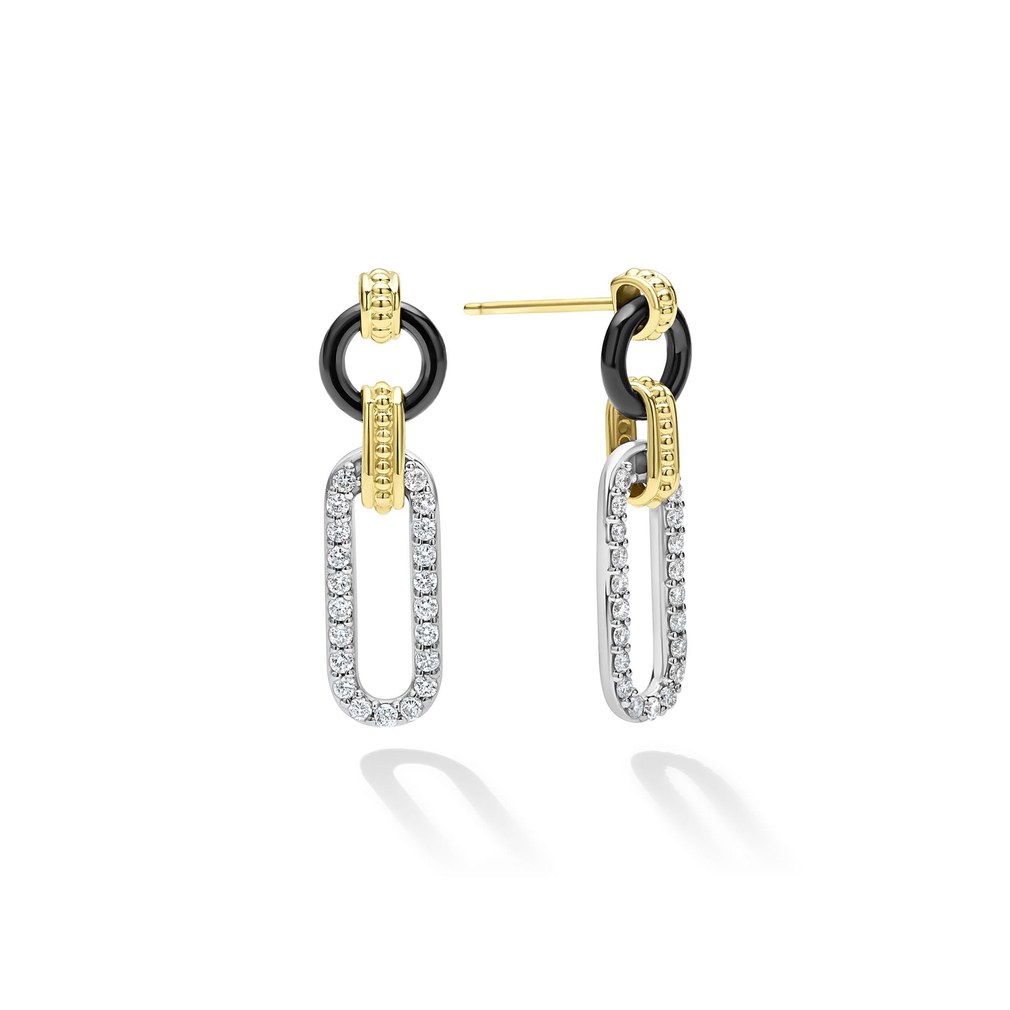 Side view of Small 18K Gold and Black Ceramic Diamond Link Drop Earrings