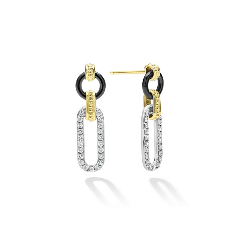 Side view of Small 18K Gold and Black Ceramic Diamond Link Drop Earrings