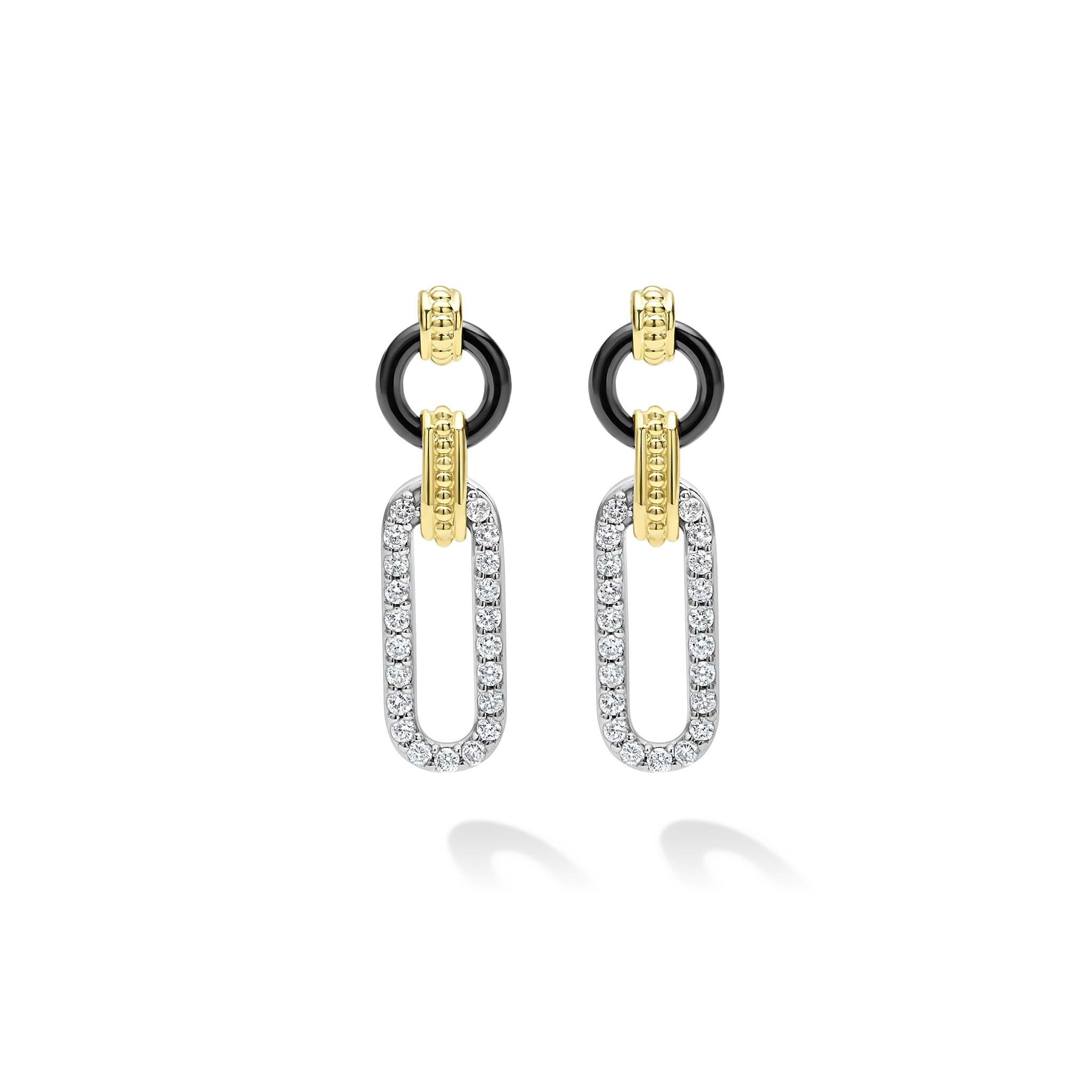 Front view of Small 18K Gold and Black Ceramic Diamond Link Drop Earrings