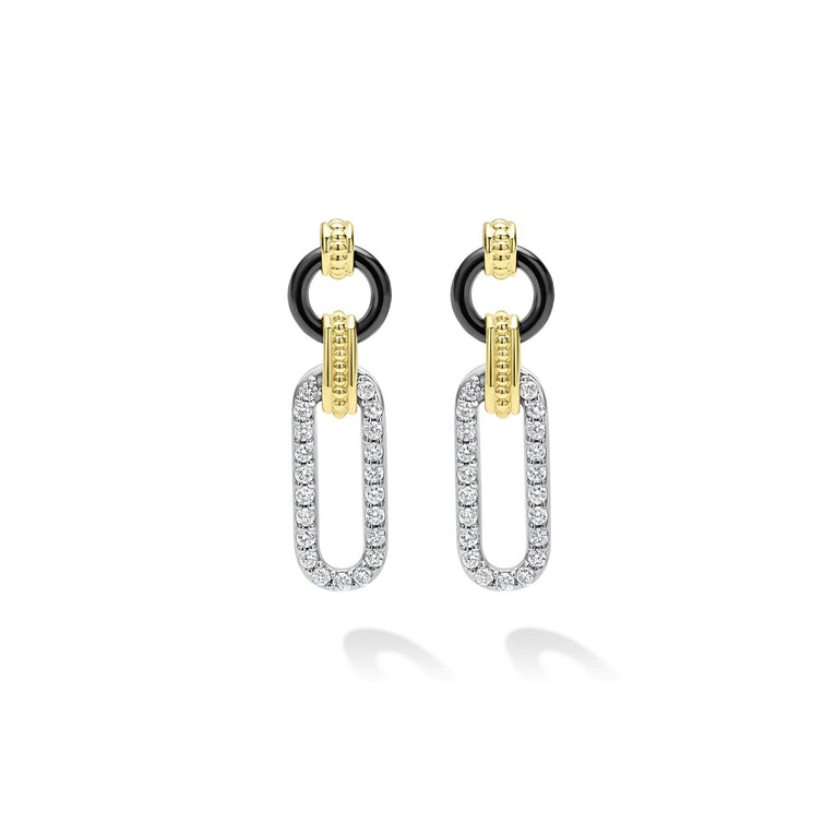 Front view of Small 18K Gold and Black Ceramic Diamond Link Drop Earrings