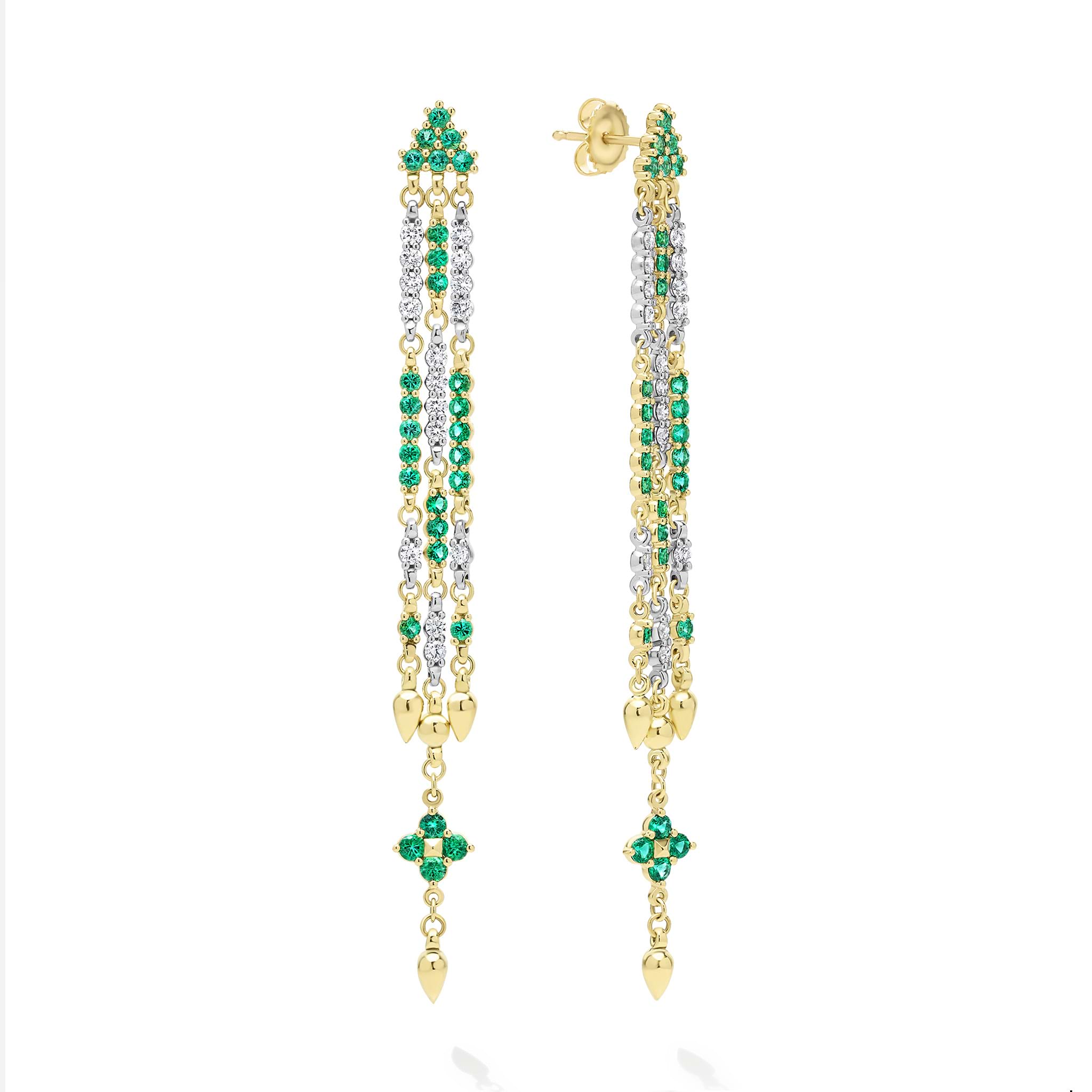 18k gold, diamonds, and emerald gemstones form these detailed drop earrings. LAGOS diamonds are the highest quality natural stones.