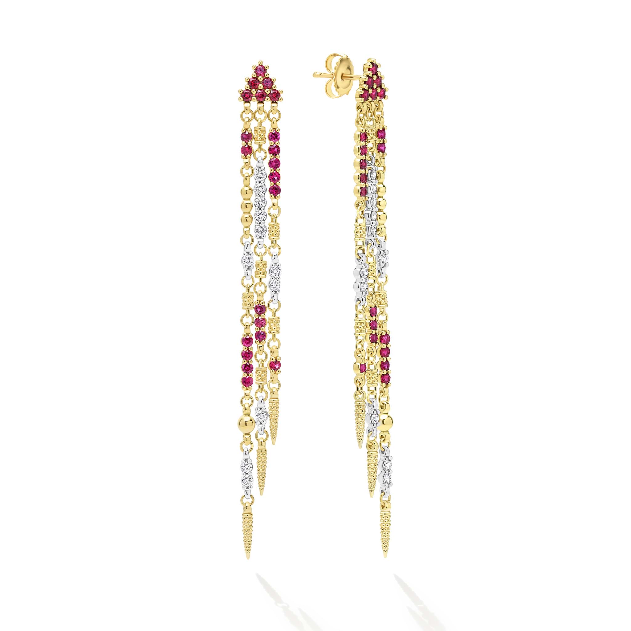 18k gold, diamonds, and ruby gemstones form these detailed drop earrings. LAGOS diamonds are the highest quality natural stones.