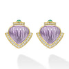 These omega clip earrings feature a bold amethyst gemstone set in 18K gold, framed by a brilliant halo of diamonds.