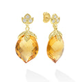 Radiant 18K gold drop earrings featuring checker-cut citrine and sparkling diamonds in a lotus-inspired design.