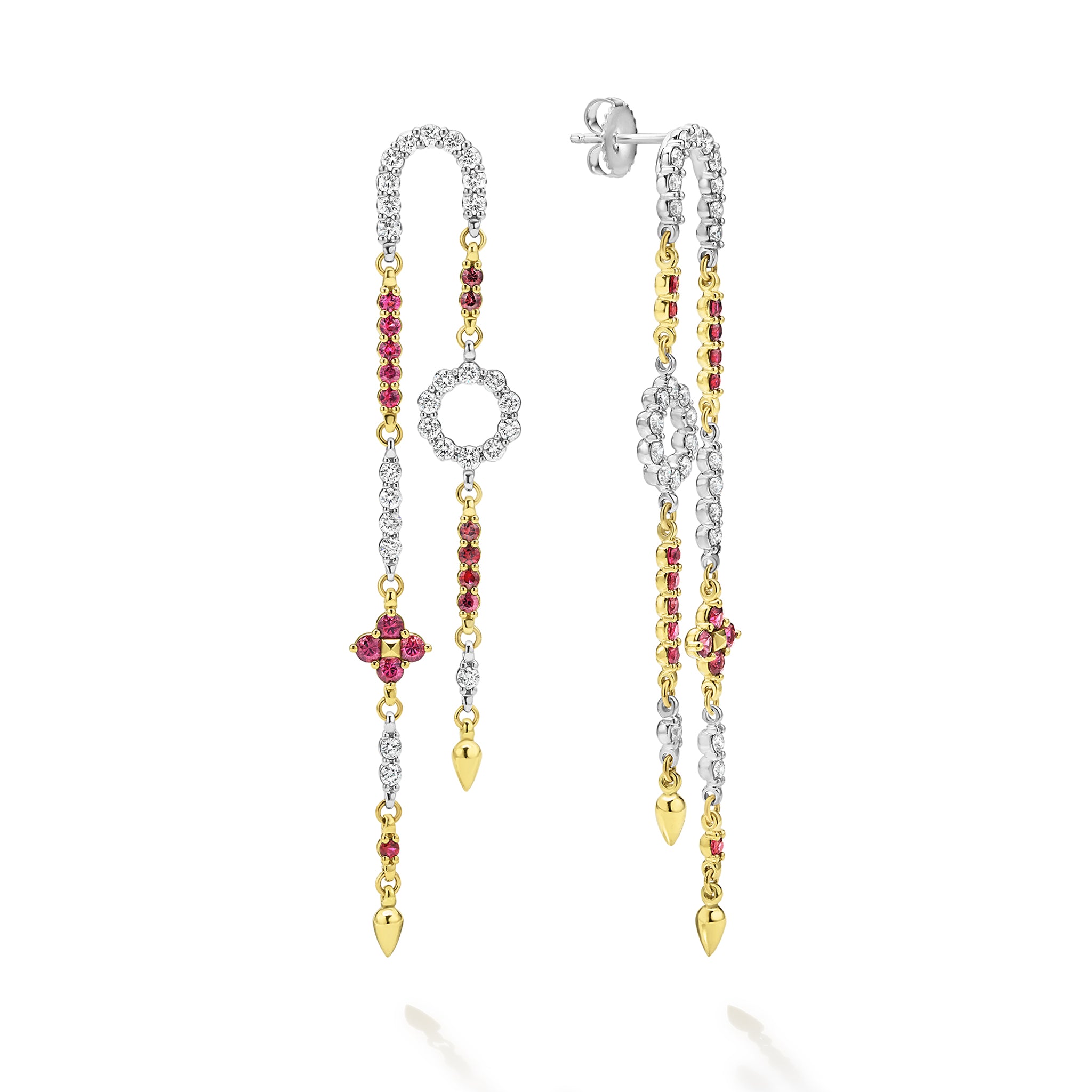 These ruby and diamond drop earrings feature an intricate cascade of brilliant diamonds and vibrant rubies, elegantly set in gold for a captivating statement of luxury.