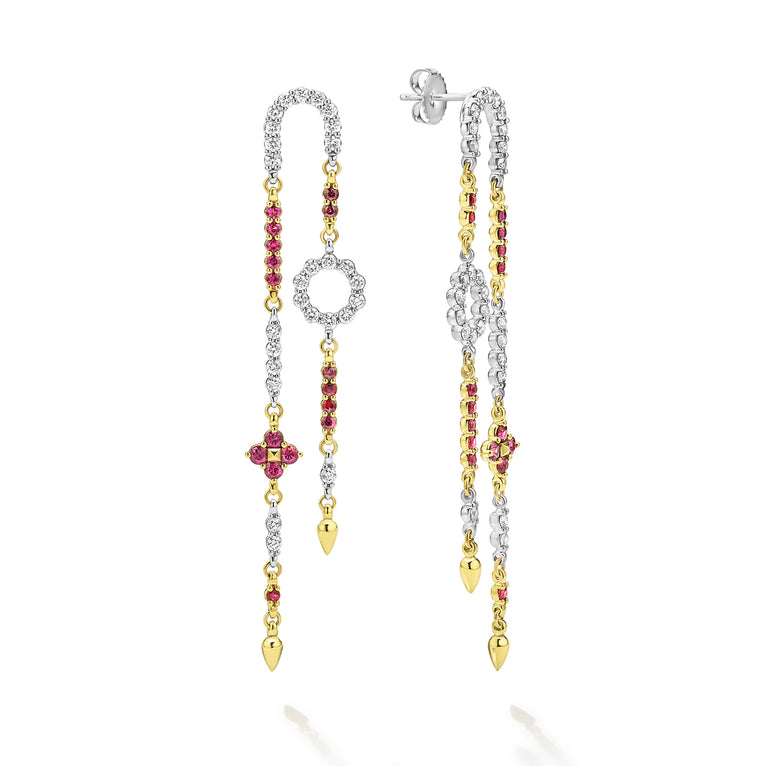 These ruby and diamond drop earrings feature an intricate cascade of brilliant diamonds and vibrant rubies, elegantly set in gold for a captivating statement of luxury.