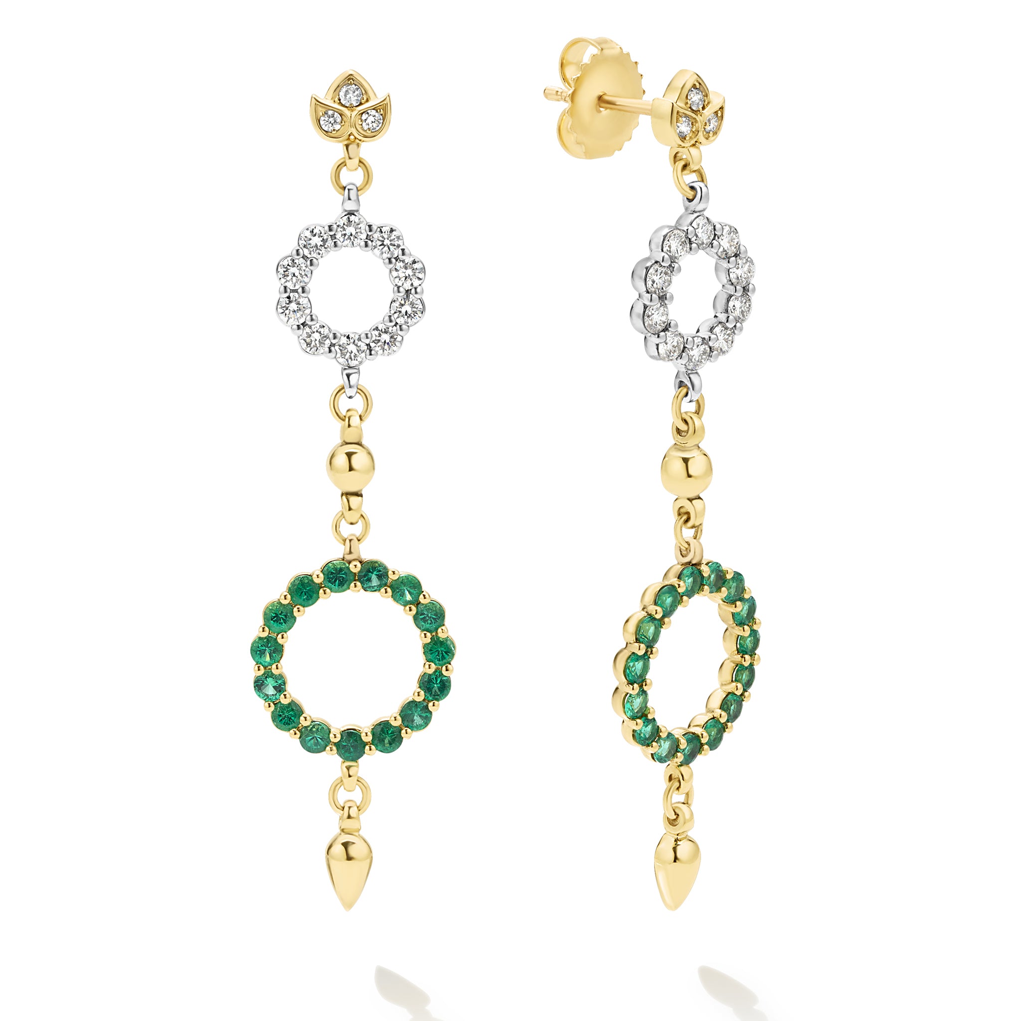 Studio 18K Diamond Lotus Circle with Emerald Circle Drop Earrings
