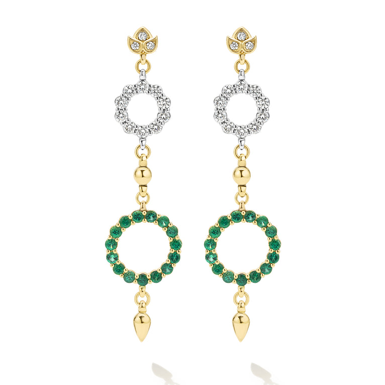 Studio 18K Diamond Lotus Circle with Emerald Circle Drop Earrings