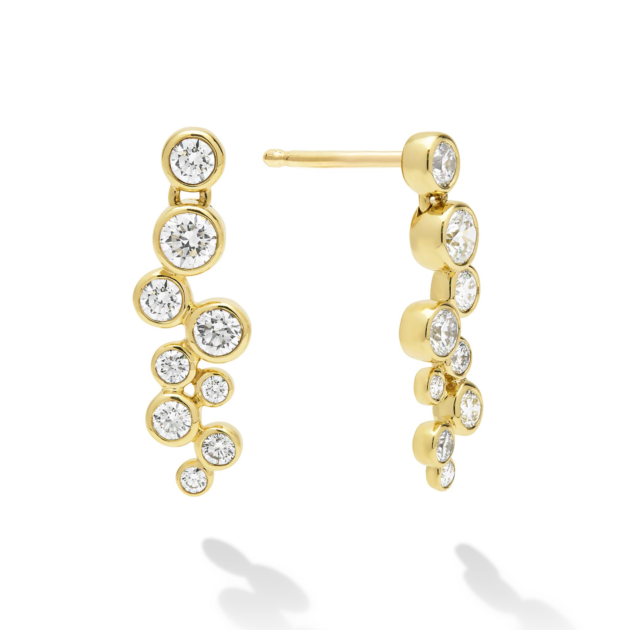 Nine diamonds drop earrings set in gold  with post on a white background