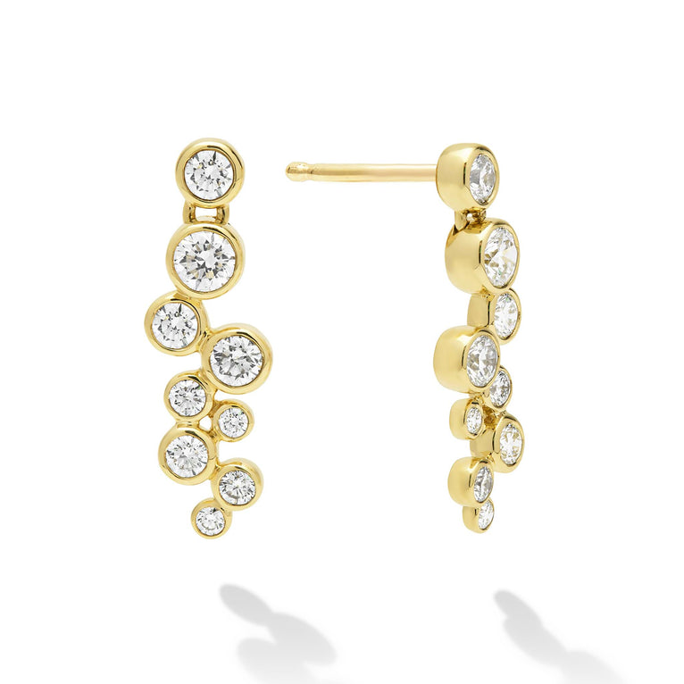 Nine diamonds drop earrings set in gold  with post on a white background