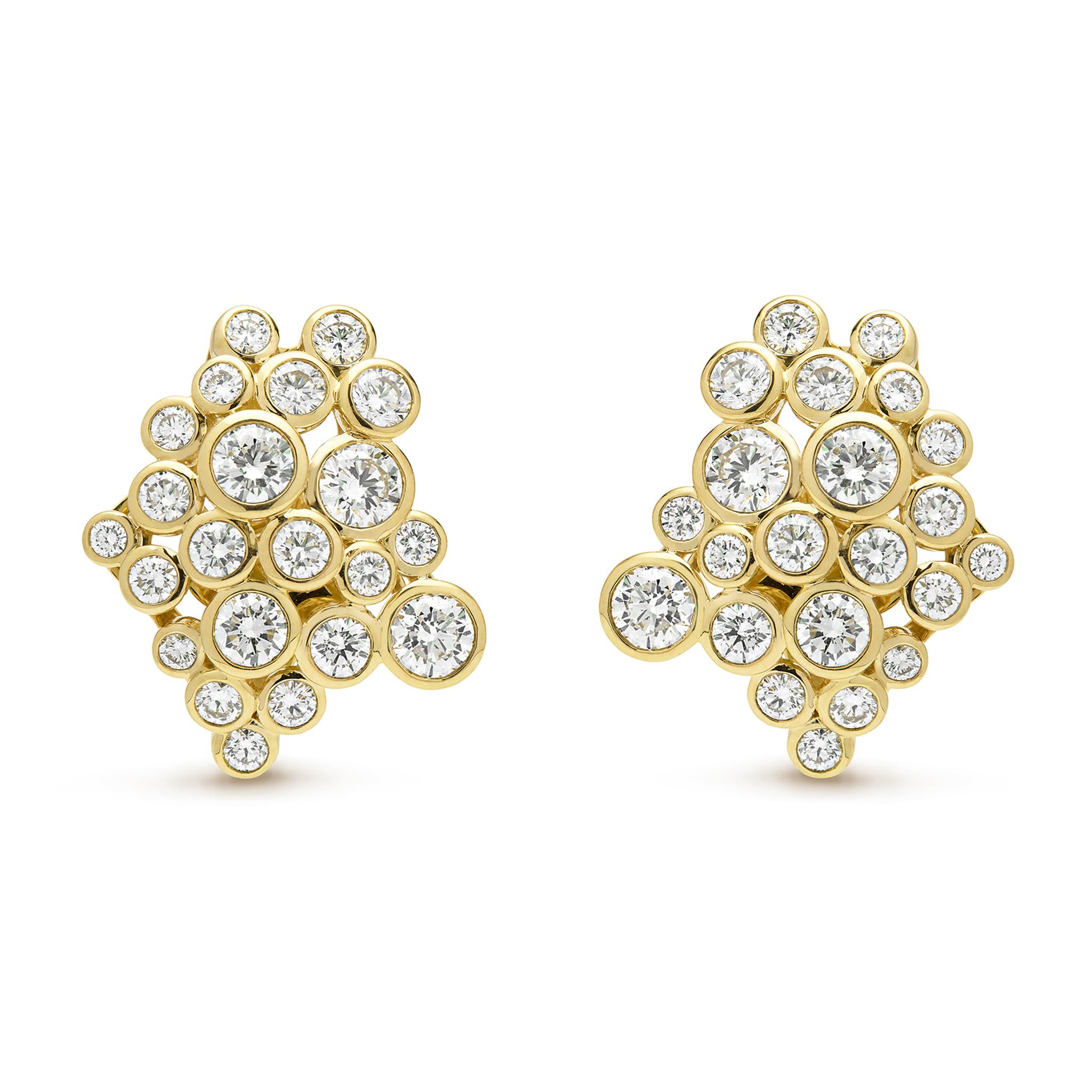 cluster diamond set in 18K gold statement earrings on white background