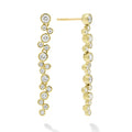 Seventeen bezel-cut diamond drop earrings set in 18K gold on a white background with post