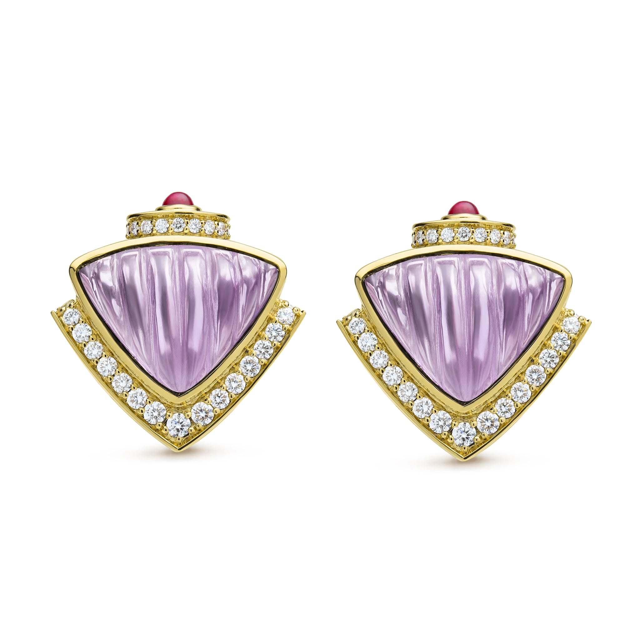 Caviar Gold 18K Gold Amethyst Cabochon & Ruby Diamond Earrings
