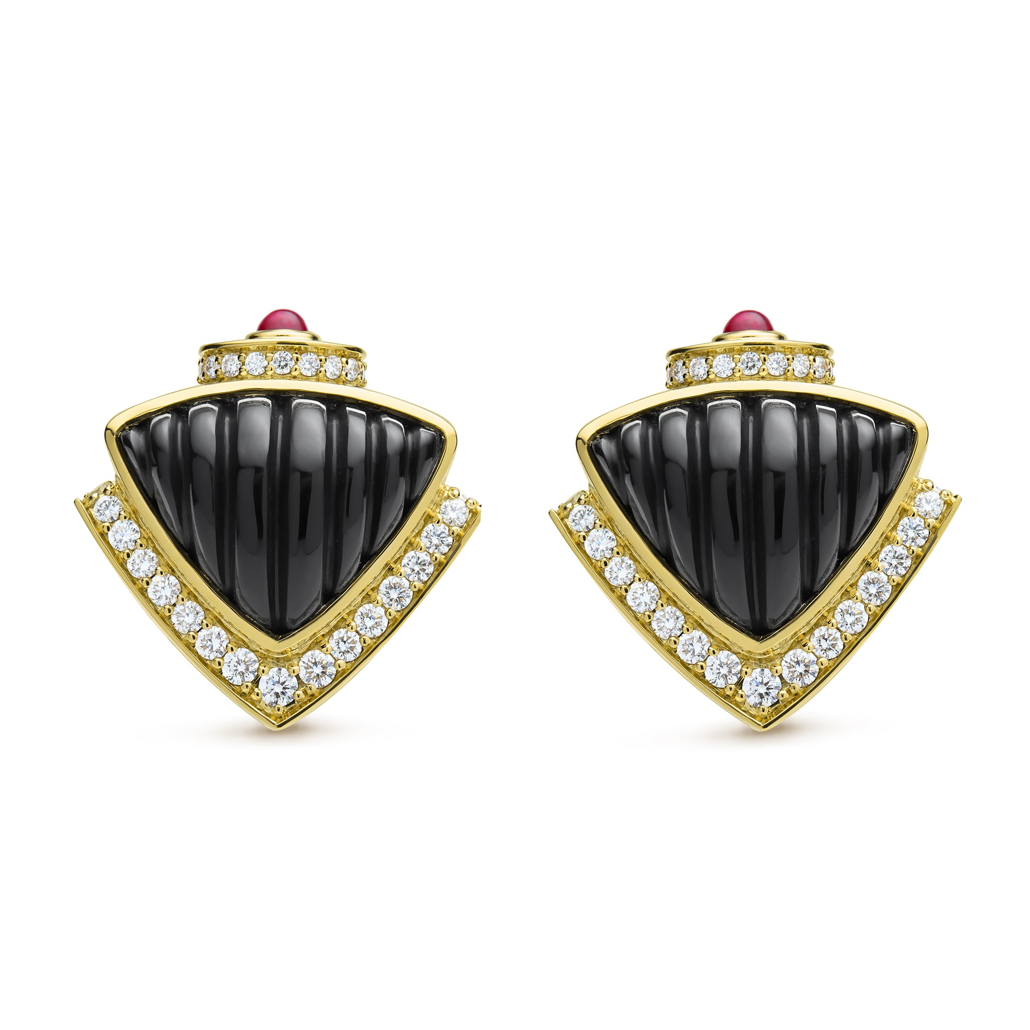 Caviar Gold 18K Gold Onyx and Ruby Diamond Earrings