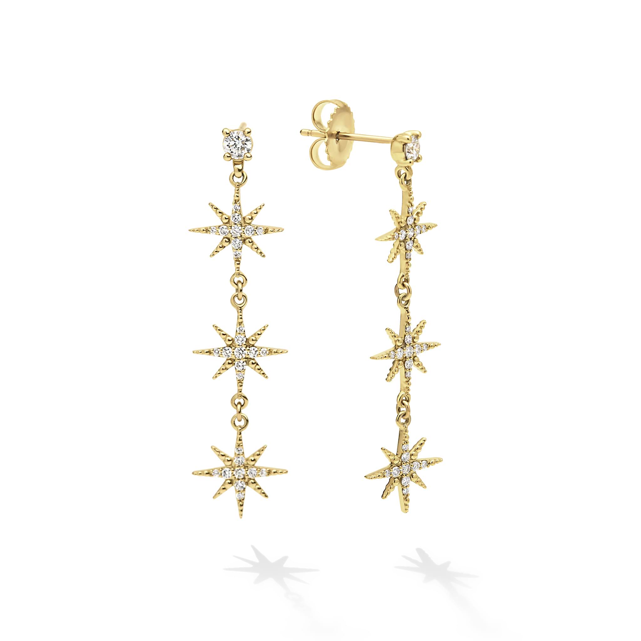 18K Gold Diamond Three Star Drop Earrings