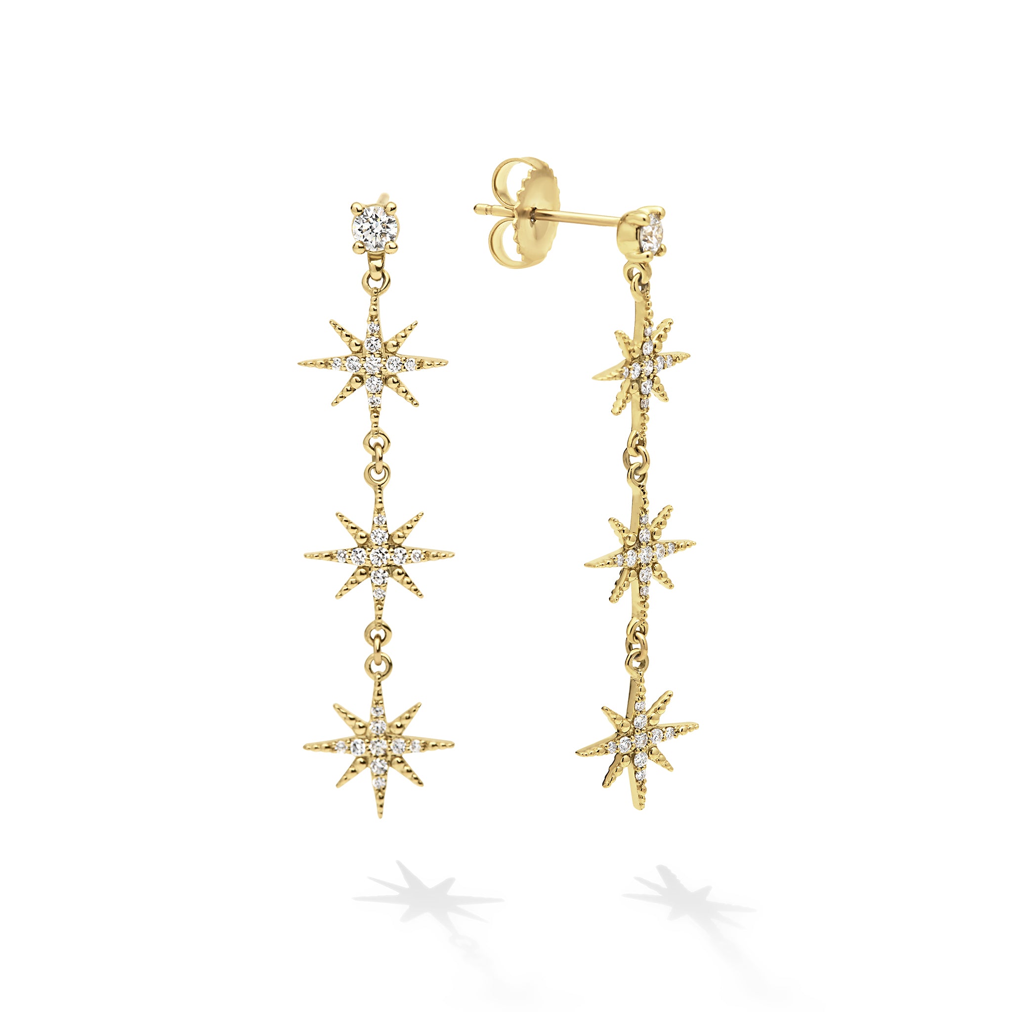 North Star 18K Gold Diamond Three Star Drop Earrings