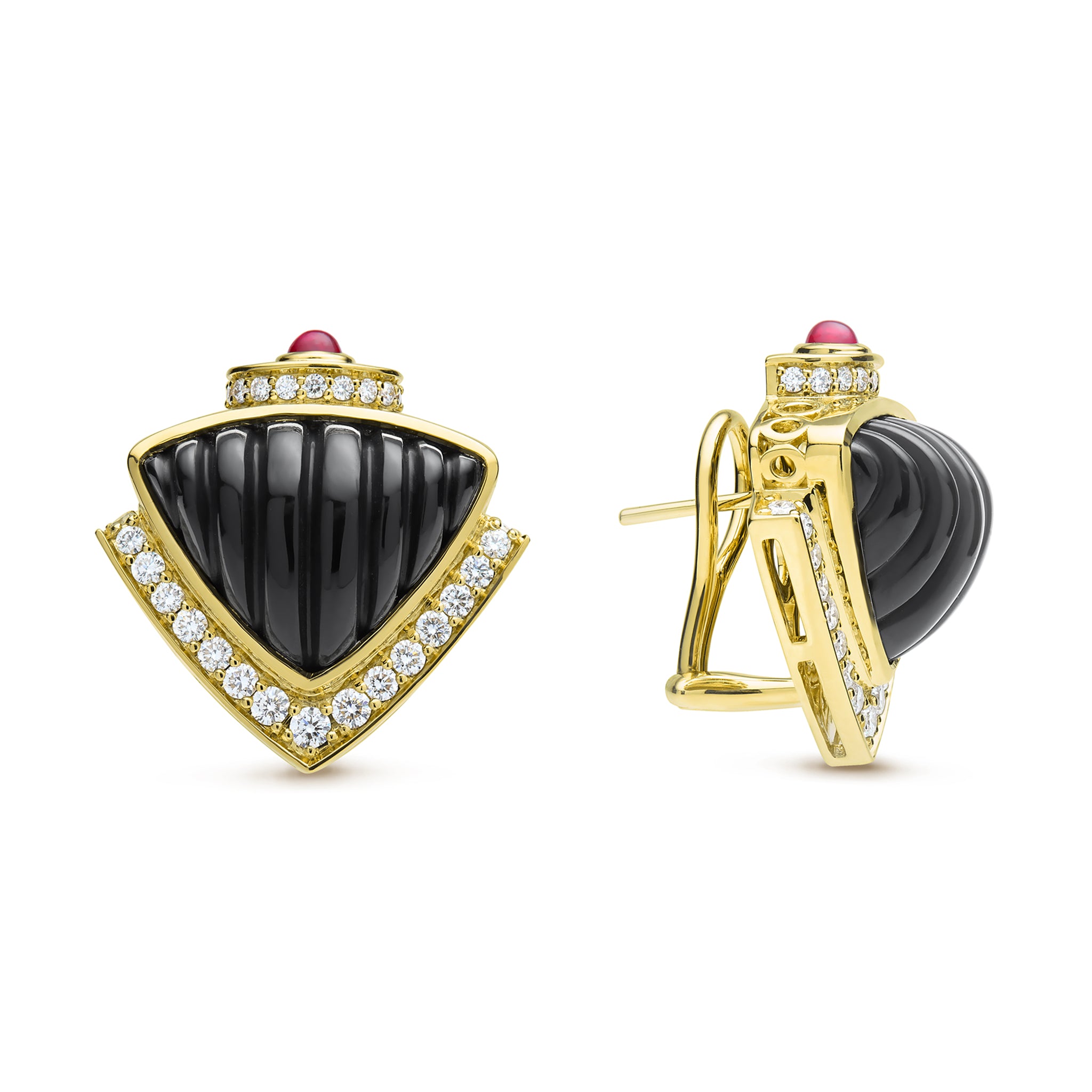 Caviar Gold 18K Caviar Gold Diamond Onyx and Ruby Earrings