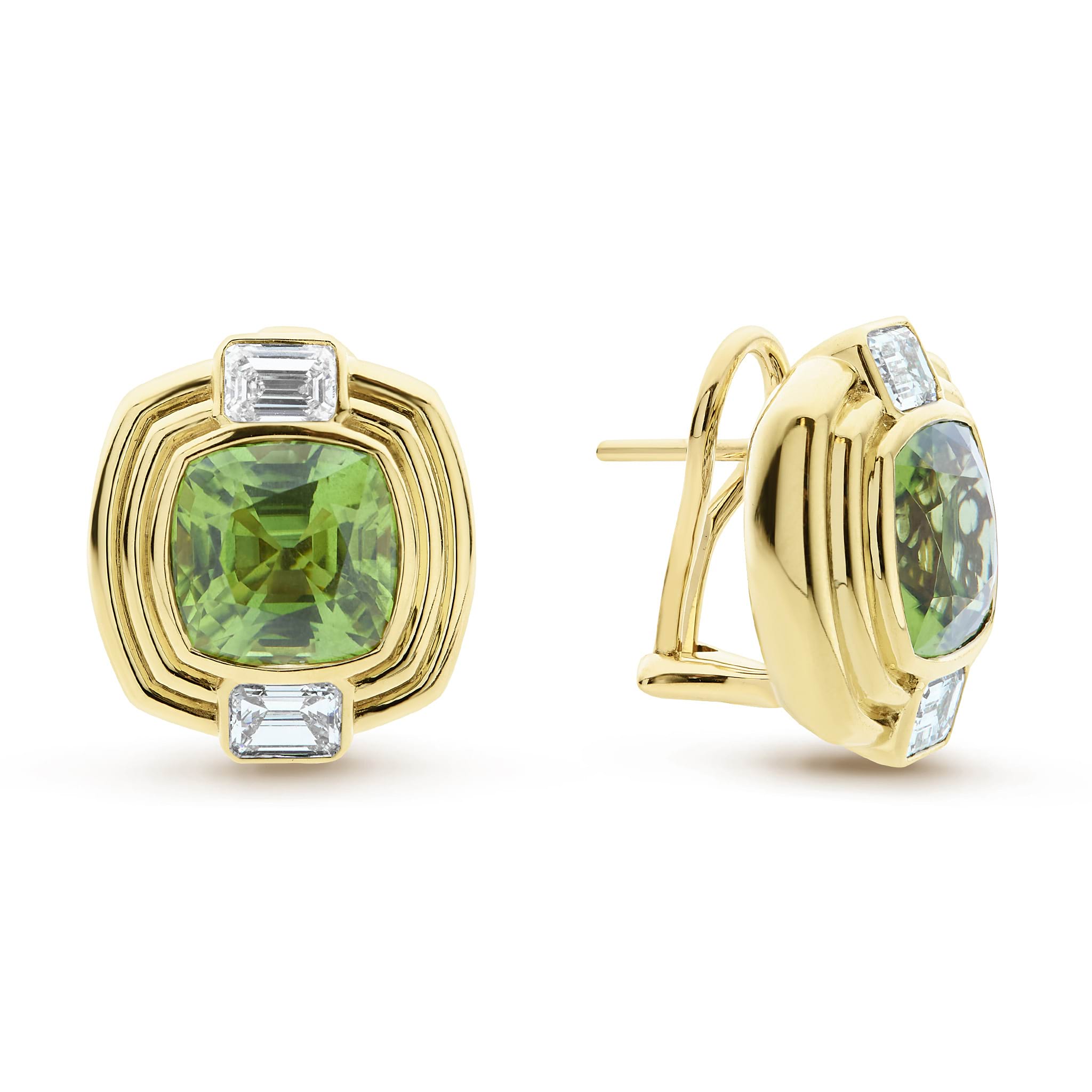 These stunning clip earrings feature dazzling cushion-cut peridot gemstones encircled by finely set diamonds. Crafted with precision, these earrings are finished with a clip-on closure, making them ideal for both pierced and non-pierced ears.